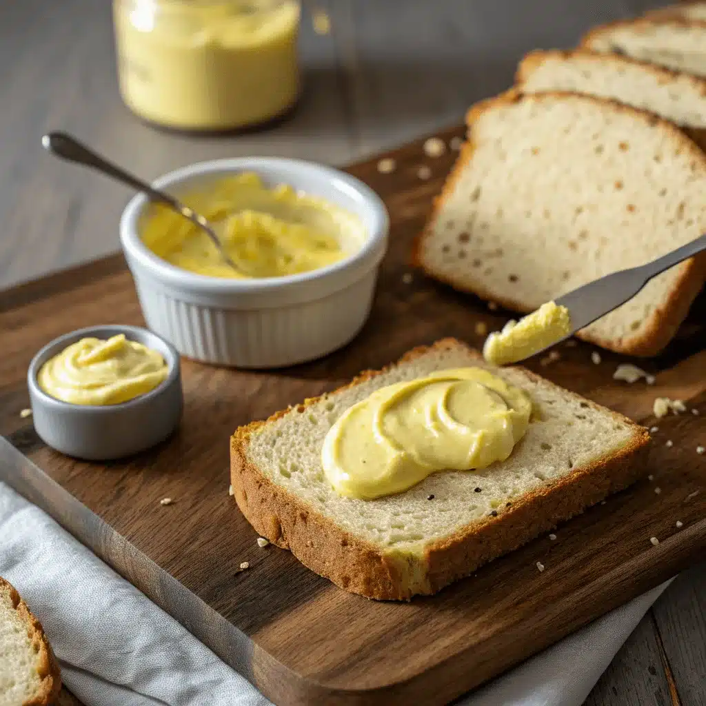  Spreading mustard mayo on keto bread