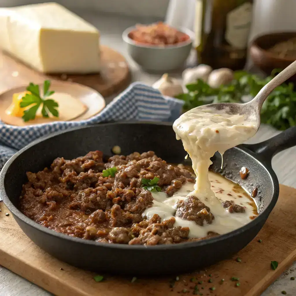 browning beef with cream cheese for keto casserole