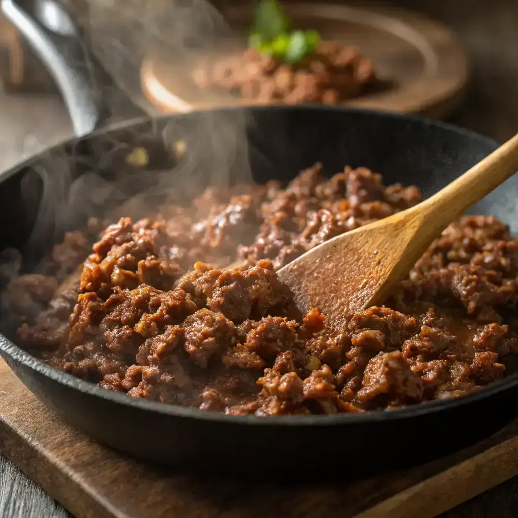 browning ground beef in skillet for keto stir fry