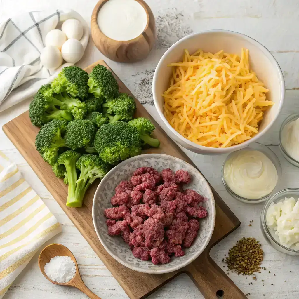 keto beef and broccoli casserole ingredients on counter
