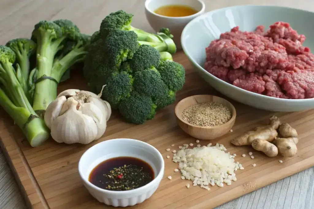 keto stir fry ingredients with ground beef and broccoli