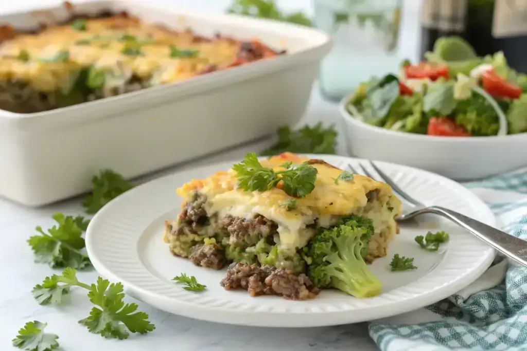 serving of keto beef and broccoli casserole on plate