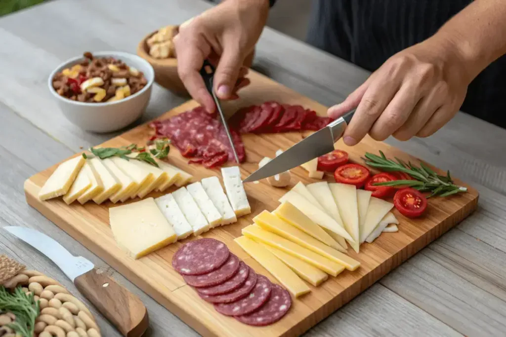 preparing meats and cheeses for charcuterie