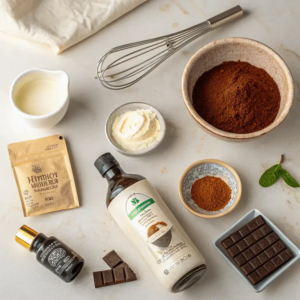 Keto Chocolate Mousse ingredients flat lay