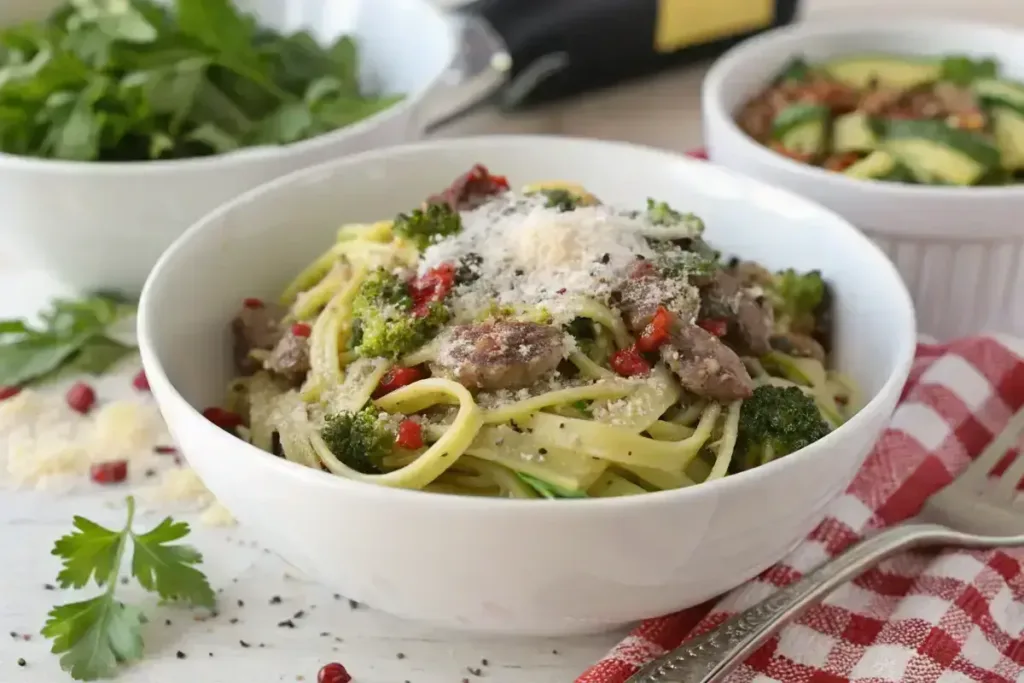 Pasta with beef and broccoli keto serving bowl